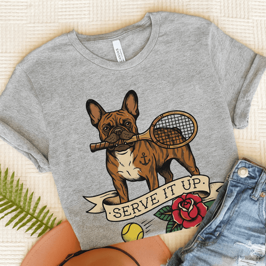 Brindle Frenchie Tennis Serve It Up Unisex TShirt Athletic Heather