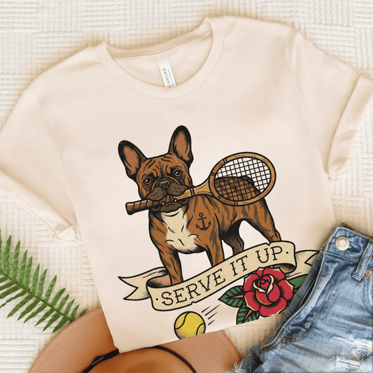 Brindle Frenchie Tennis Serve It Up Unisex TShirt Natural