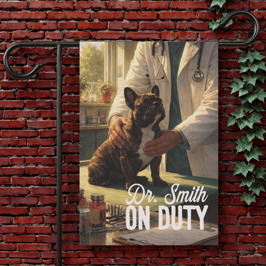 Brindle Frenchie Veterinarian Garden Flag 12'' × 18''