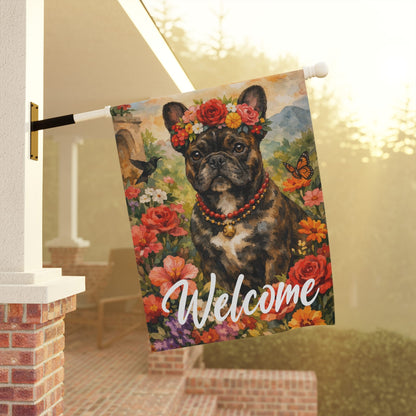 Brindle Frenchie Welcome Hummingbird Garden Flag