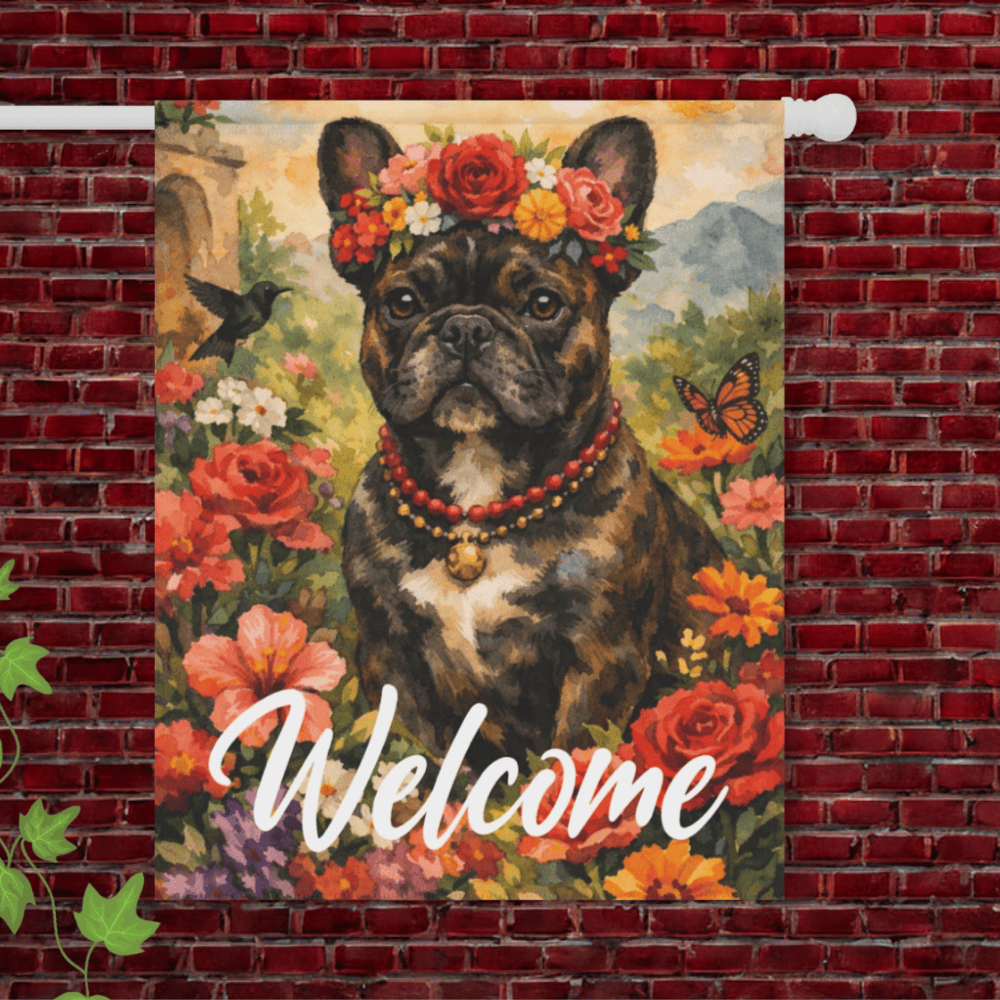 Brindle Frenchie Welcome Hummingbird Garden Flag 24.5'' × 32''