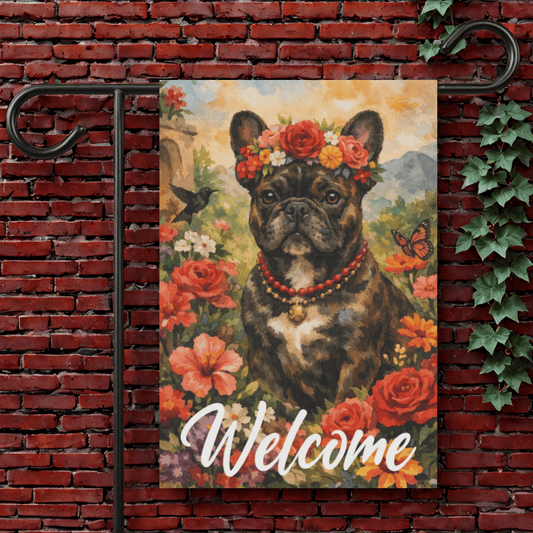 Brindle Frenchie Welcome Hummingbird Garden Flag 12'' × 18''