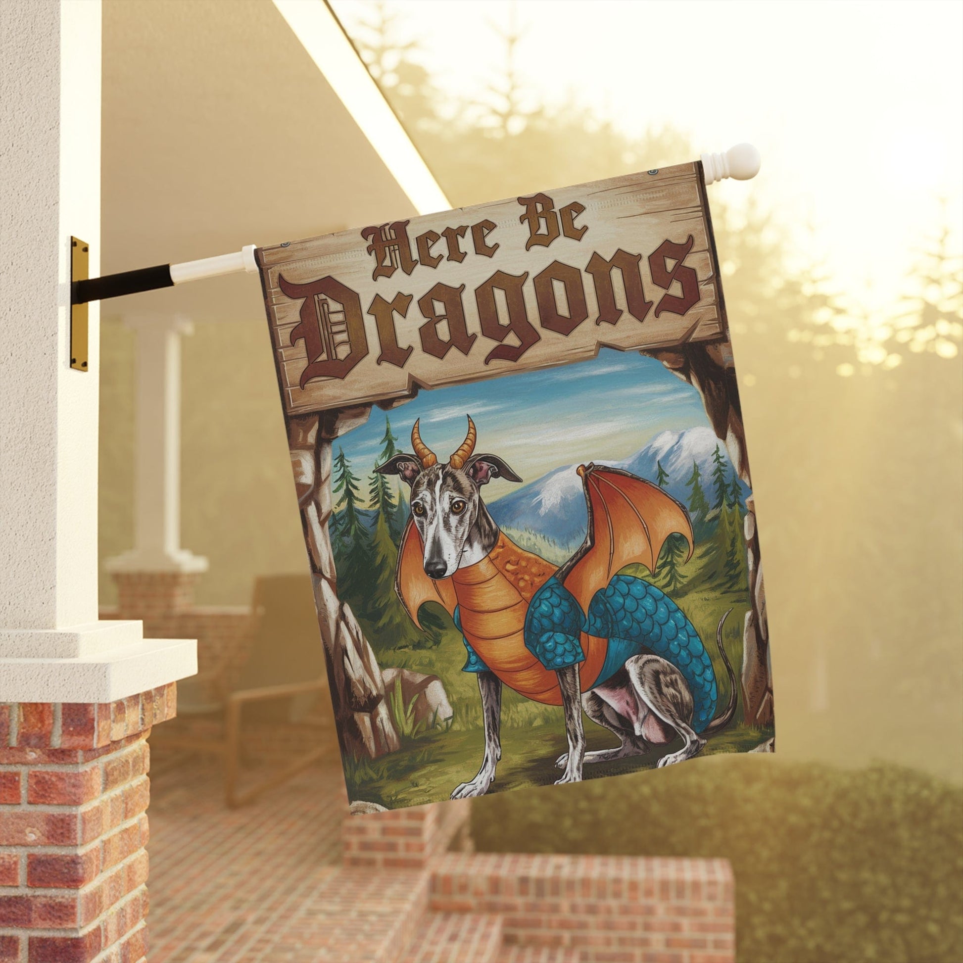 Printify Home Decor Brindle Greyhound Dog Dragon, Garden Flag, Fantasy Pet Yard Spring Decor, Housewarming Halloween Gift