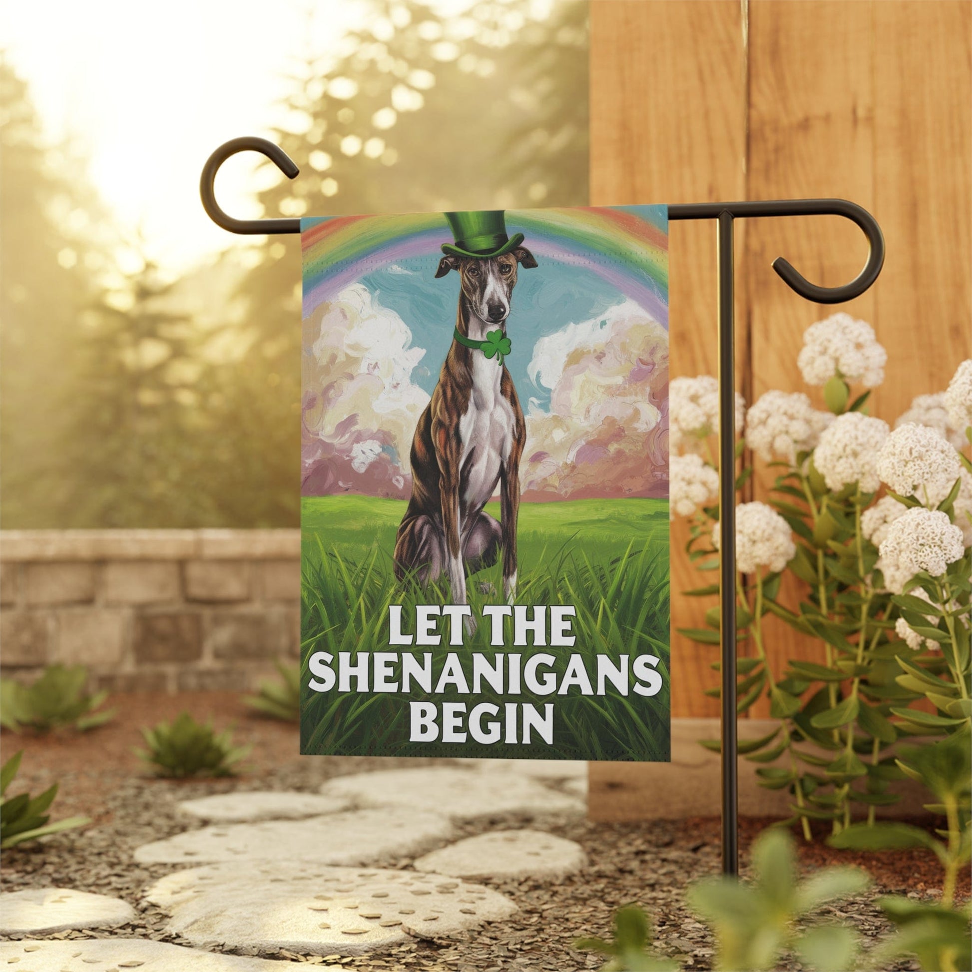 Printify Home Decor 12'' × 18'' Brindle Greyhound Garden Flag, Saint Patricks Day Funny Dog Yard Outside Decor