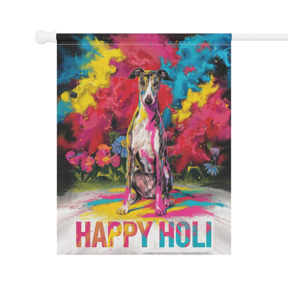 Printify Home Decor Brindle Greyhound Holi Garden Flag, Indian Spring Festival, Dog Lover Yard Outside Decor