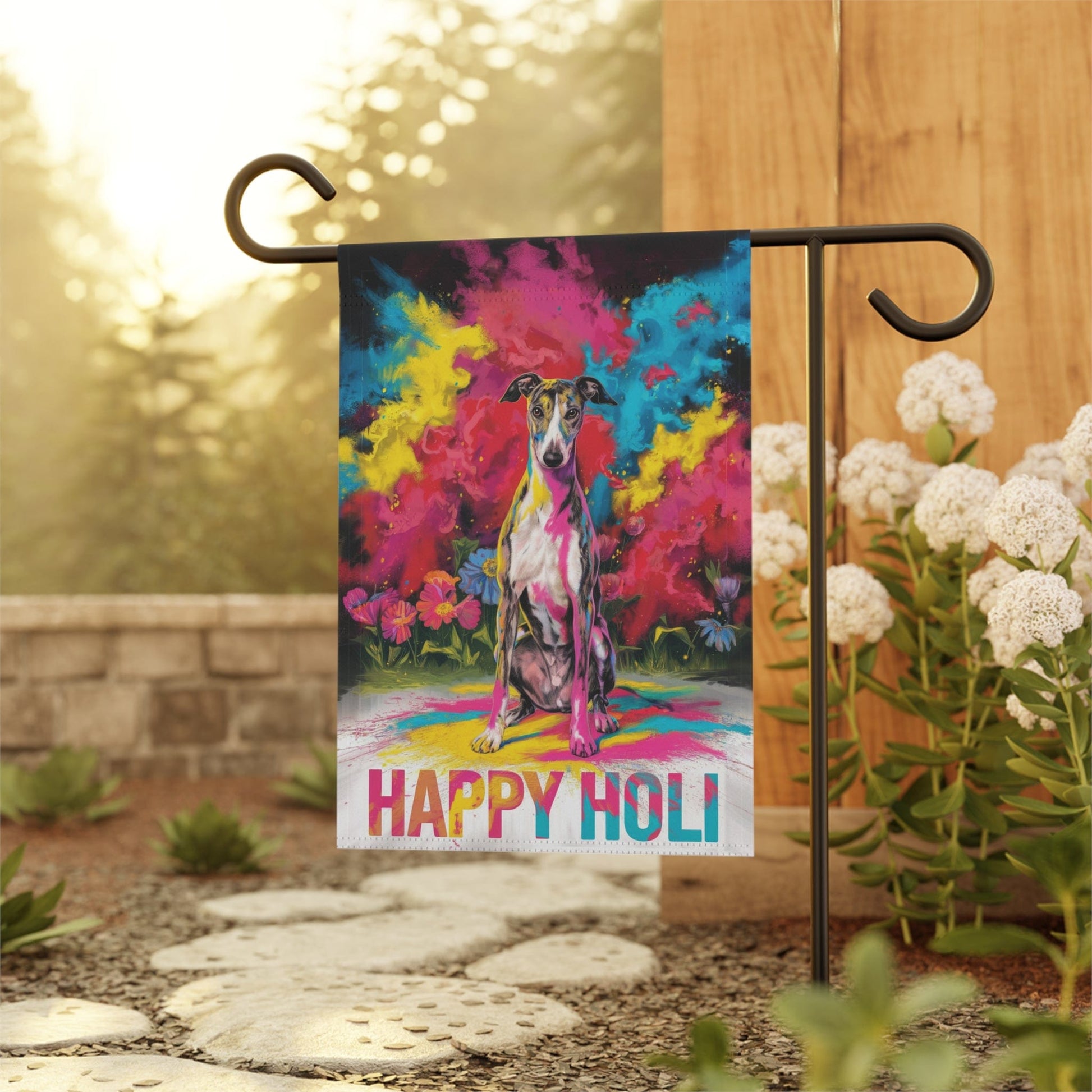 Printify Home Decor Brindle Greyhound Holi Garden Flag, Indian Spring Festival, Dog Lover Yard Outside Decor
