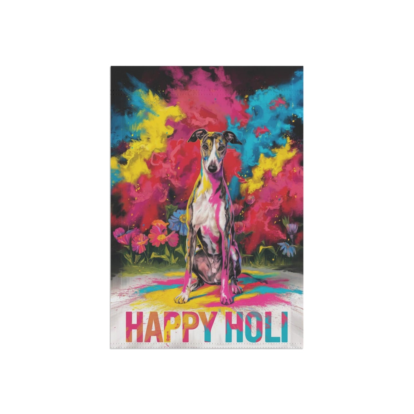 Printify Home Decor Brindle Greyhound Holi Garden Flag, Indian Spring Festival, Dog Lover Yard Outside Decor