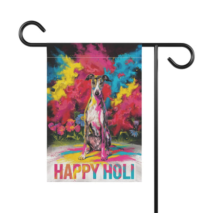 Printify Home Decor Brindle Greyhound Holi Garden Flag, Indian Spring Festival, Dog Lover Yard Outside Decor
