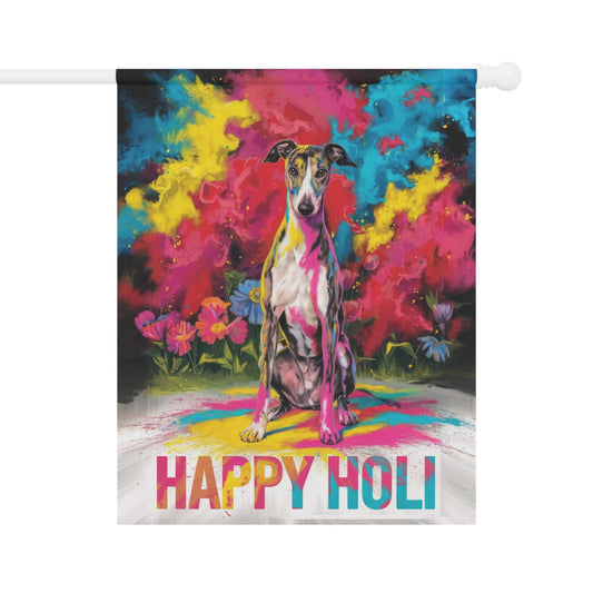 Brindle Greyhound Holi Garden Flag, Indian Spring Festival, Dog Lover Yard Outside Decor 24.5'' × 32''