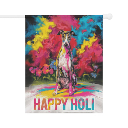Printify Home Decor 24.5'' × 32'' Brindle Greyhound Holi Garden Flag, Indian Spring Festival, Dog Lover Yard Outside Decor