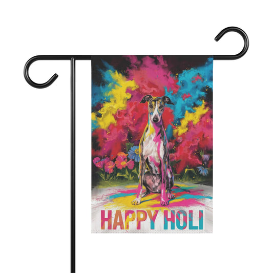 Printify Home Decor 12'' × 18'' Brindle Greyhound Holi Garden Flag, Indian Spring Festival, Dog Lover Yard Outside Decor