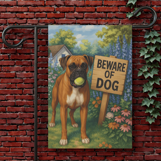 Printify Garden Flag 12'' × 18'' Brown Boxer Funny Beware Garden Flag
