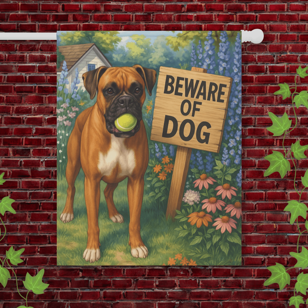 Printify Garden Flag 24.5'' × 32'' Brown Boxer Funny Beware Garden Flag