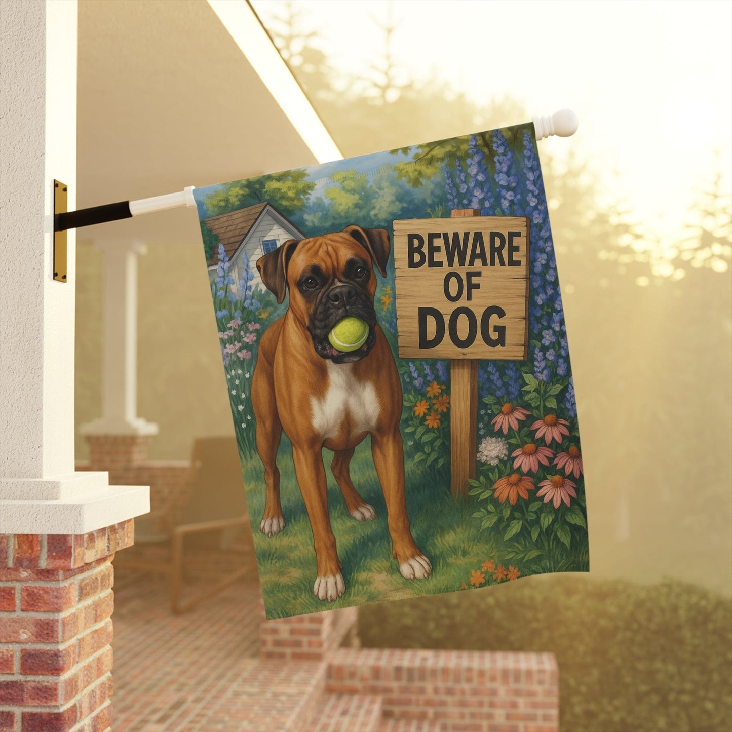 Printify Garden Flag Brown Boxer Funny Beware Garden Flag