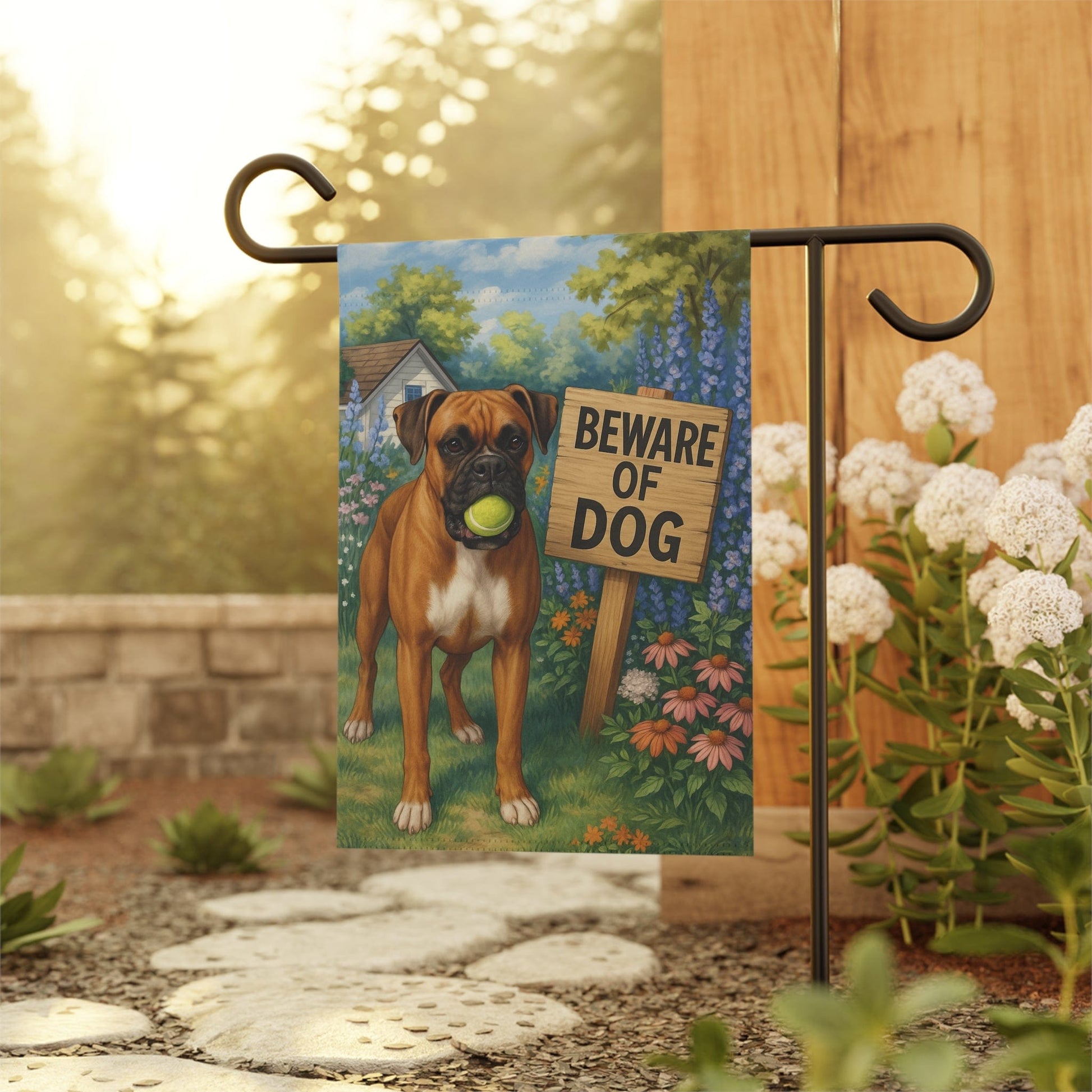Printify Garden Flag Brown Boxer Funny Beware Garden Flag