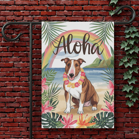 Printify Garden Flag 12'' × 18'' Brown Bull Terrier Aloha Luau Garden Flag