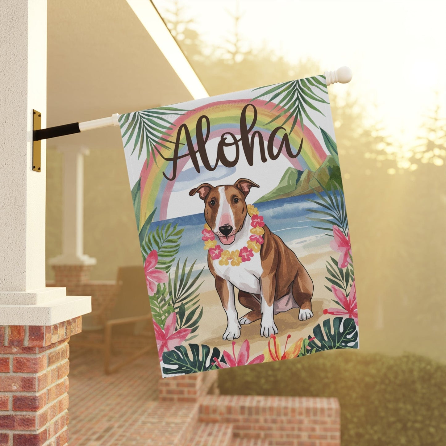 Printify Garden Flag Brown Bull Terrier Aloha Luau Garden Flag