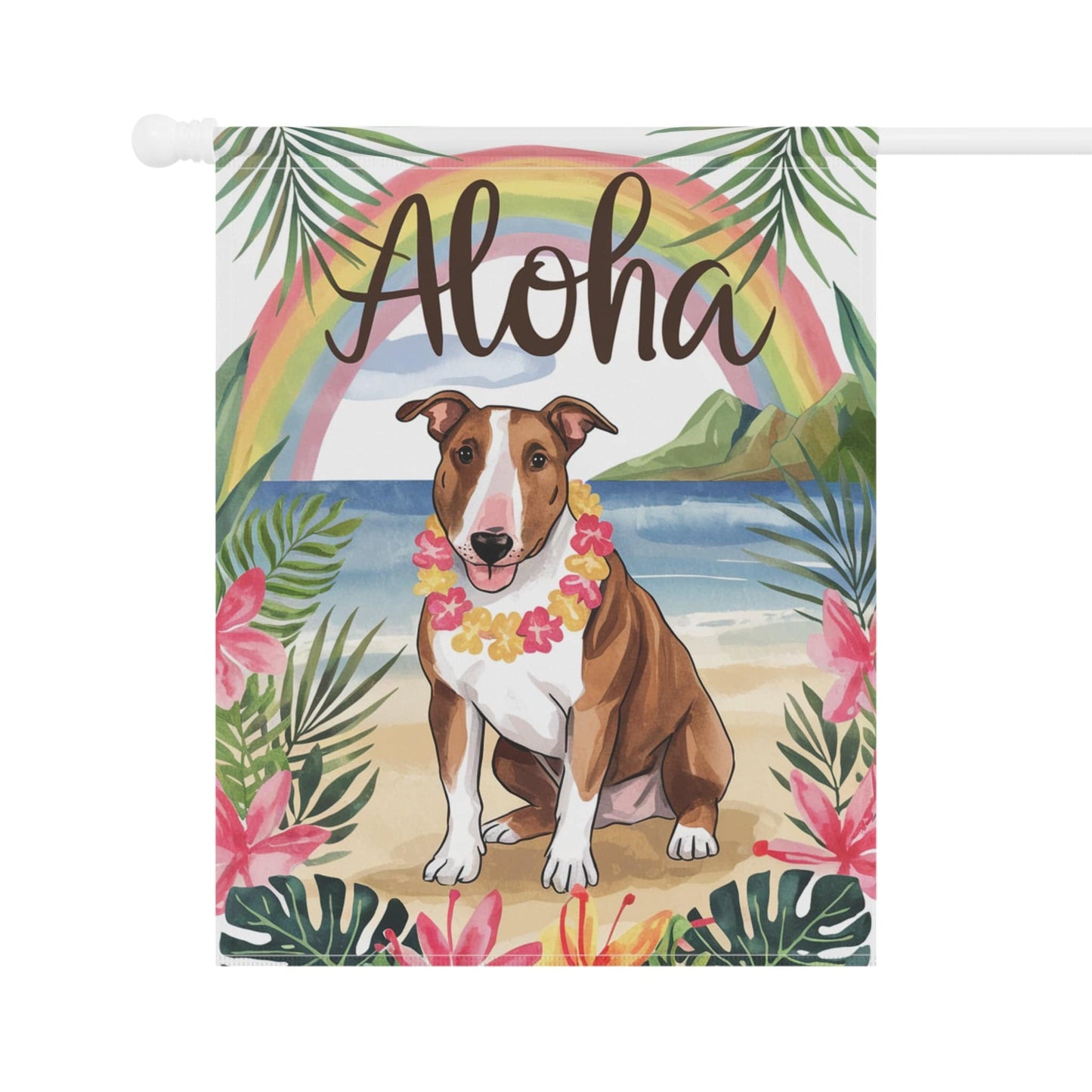 Printify Garden Flag Brown Bull Terrier Aloha Luau Garden Flag