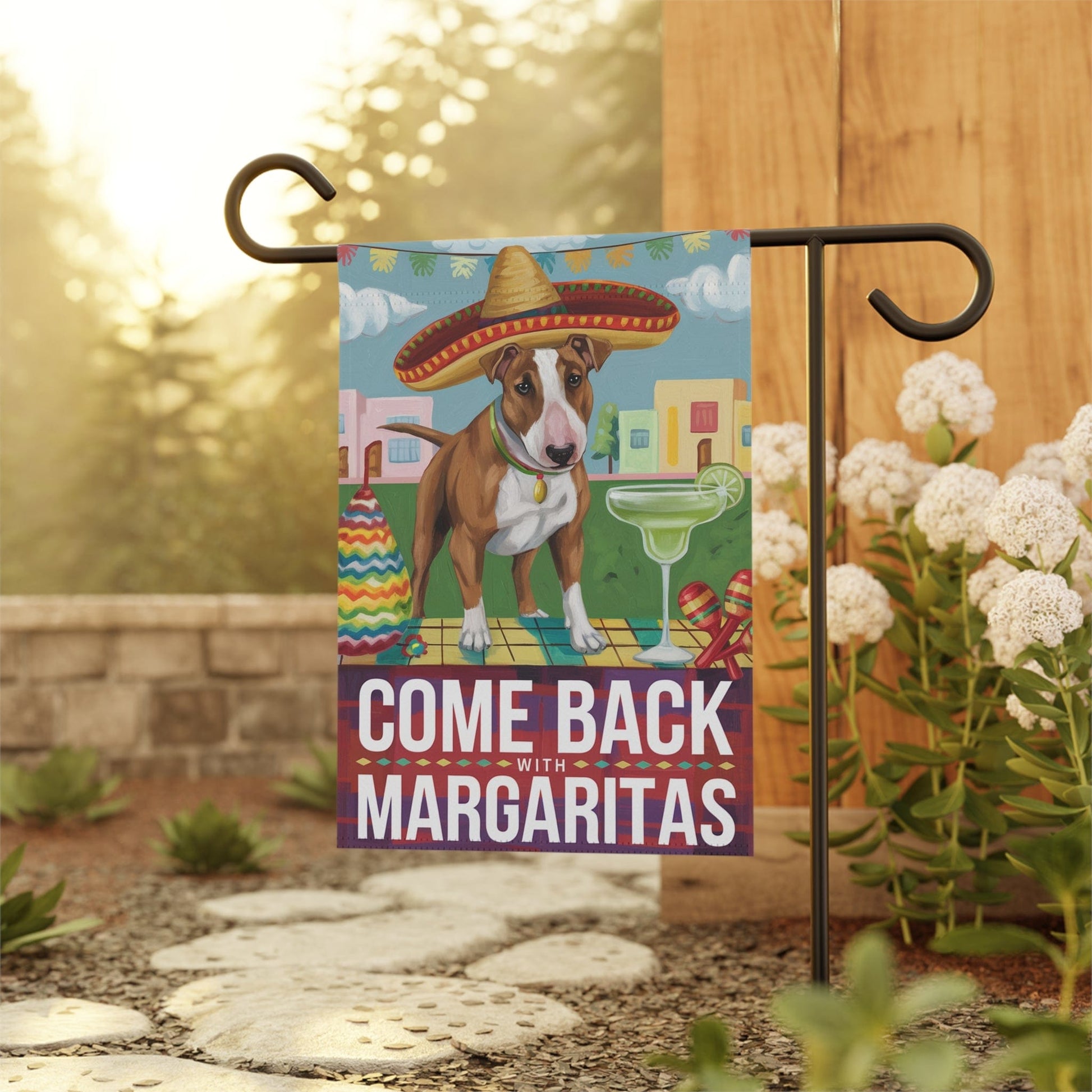 Printify Home Decor Brown Bull Terrier Dog Garden Flag, Cinco de Mayo Fiesta, Margarita Drinking Decor, Gardener Gift