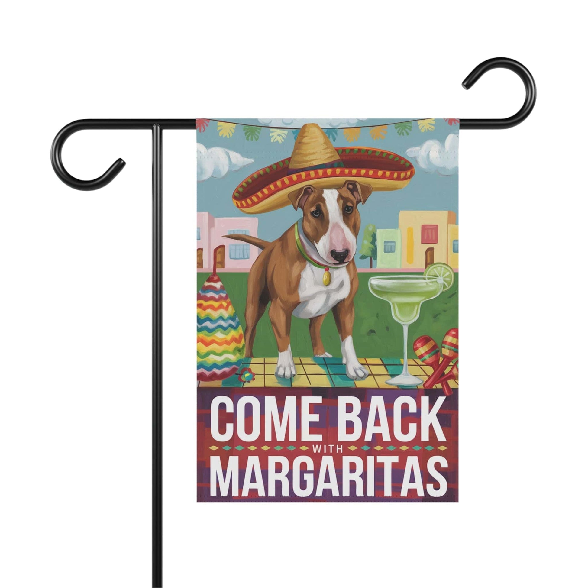 Printify Home Decor 12'' × 18'' Brown Bull Terrier Dog Garden Flag, Cinco de Mayo Fiesta, Margarita Drinking Decor, Gardener Gift