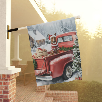 Brown Bull Terrier Dog Red Truck Christmas Garden Flag