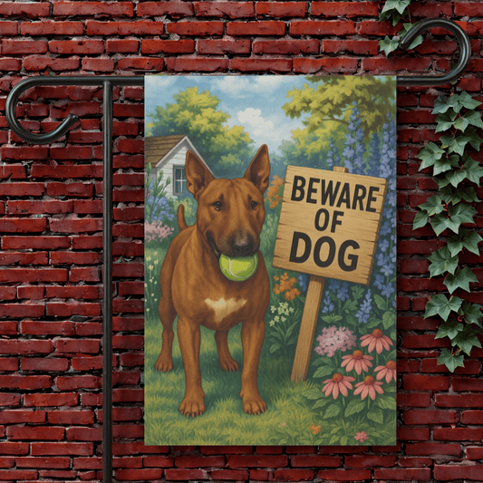 Printify Garden Flag 12'' × 18'' Brown Bull Terrier Funny Beware Garden Flag