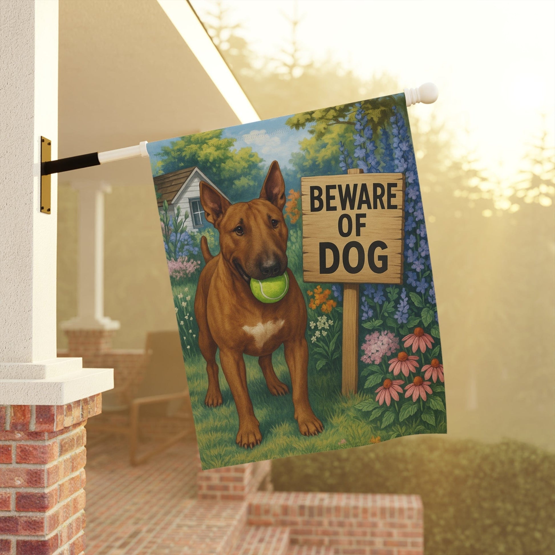 Printify Garden Flag Brown Bull Terrier Funny Beware Garden Flag