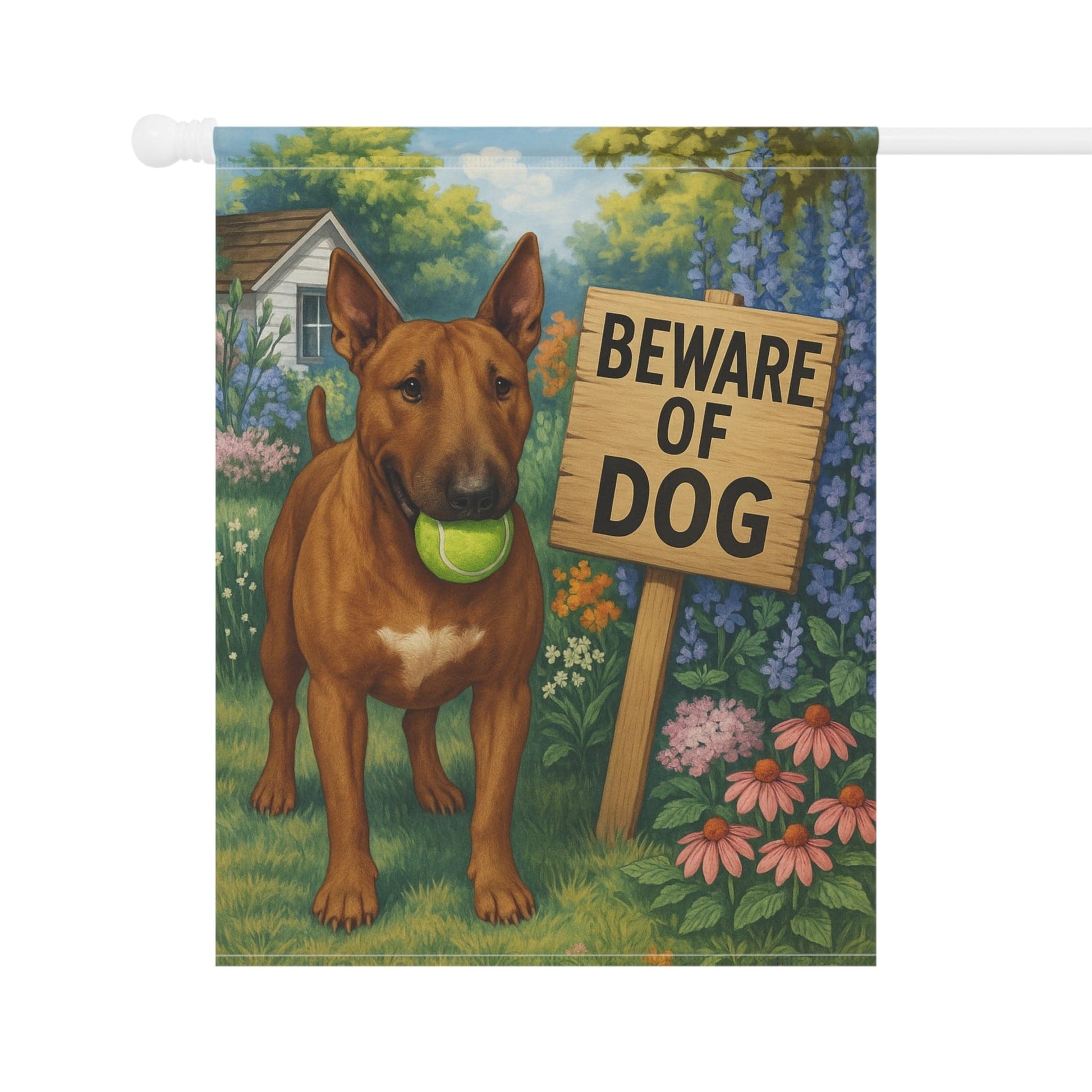 Printify Garden Flag Brown Bull Terrier Funny Beware Garden Flag