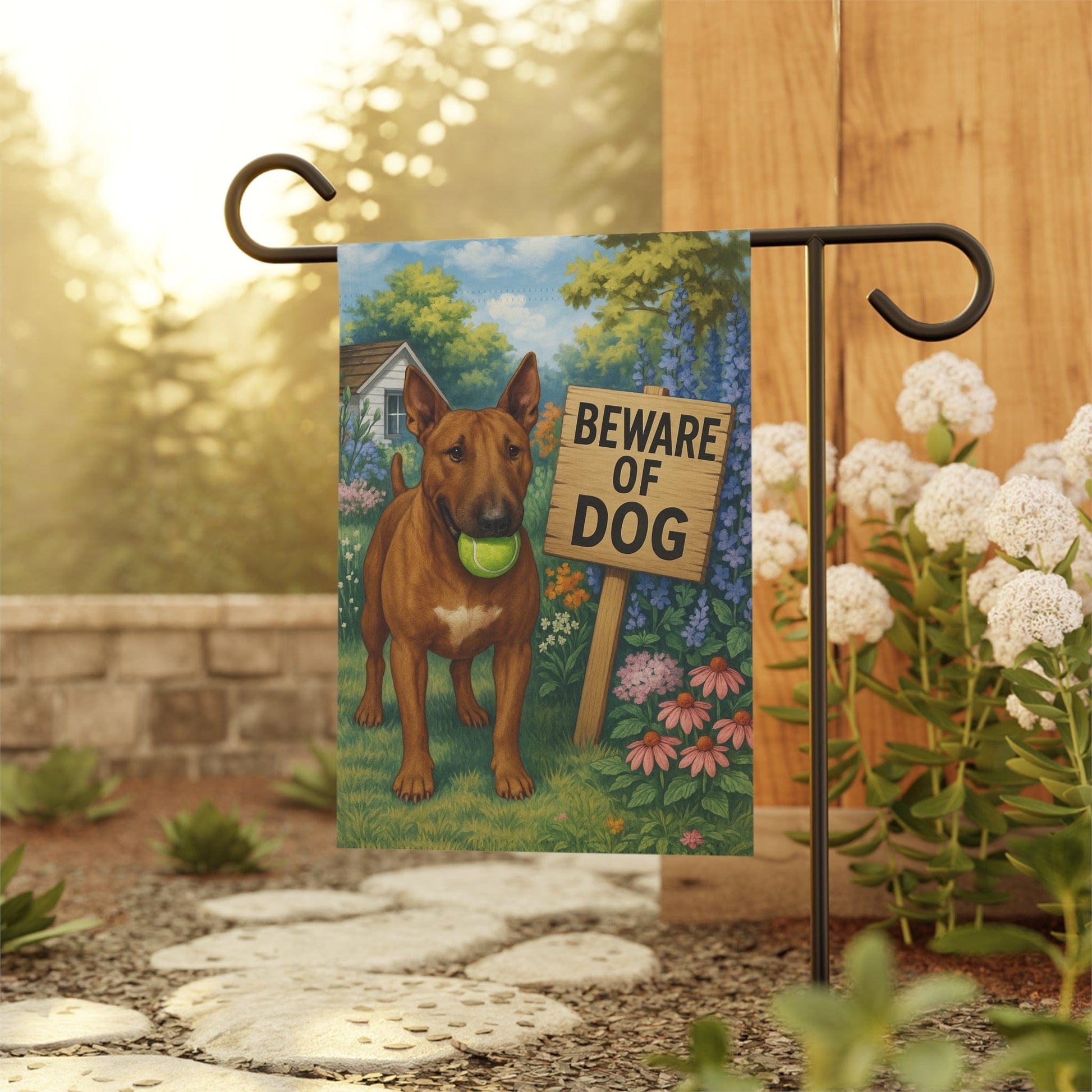 Printify Garden Flag Brown Bull Terrier Funny Beware Garden Flag