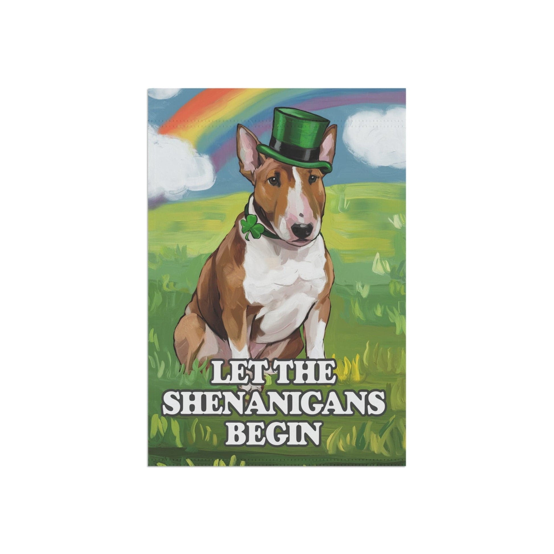 Printify Home Decor 12'' × 18'' Brown Bull Terrier Garden Flag, Saint Patricks Day Funny Dog Yard Outside Decor