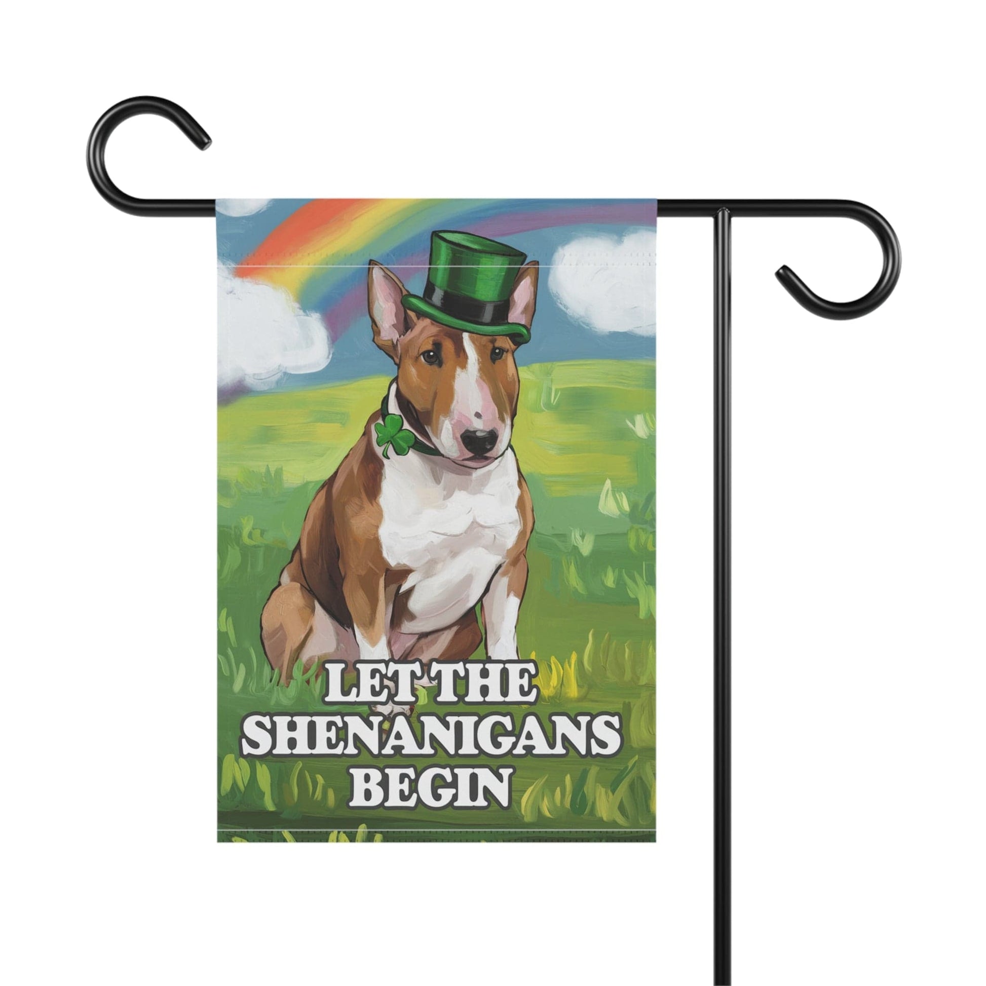 Printify Home Decor 12'' × 18'' Brown Bull Terrier Garden Flag, Saint Patricks Day Funny Dog Yard Outside Decor