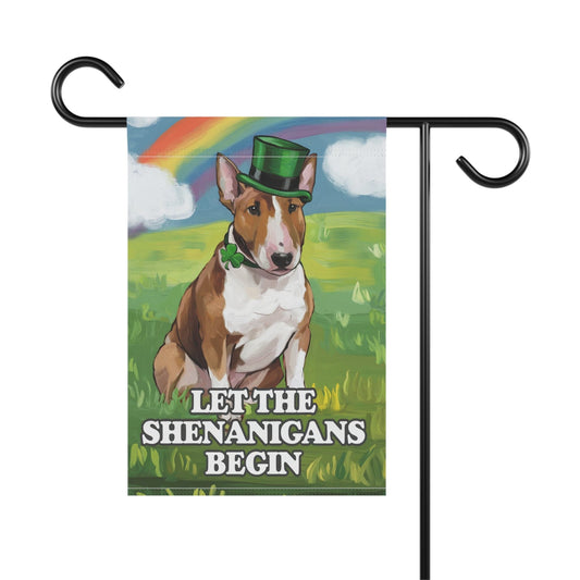 Printify Home Decor 12'' × 18'' Brown Bull Terrier Garden Flag, Saint Patricks Day Funny Dog Yard Outside Decor