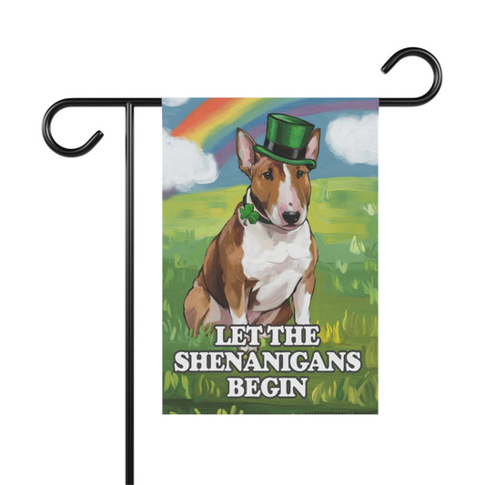Printify Home Decor 12'' × 18'' Brown Bull Terrier Garden Flag, Saint Patricks Day Funny Dog Yard Outside Decor