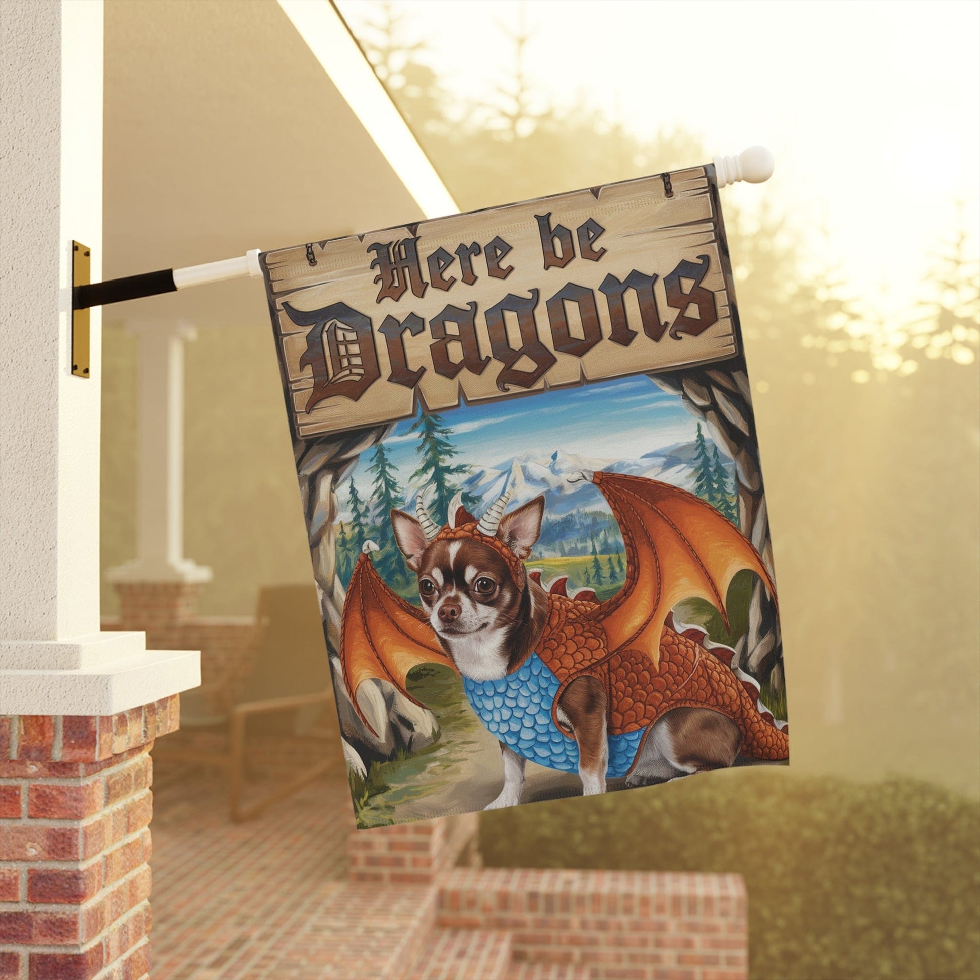 Printify Home Decor Brown Chihuahua Dog Dragon Garden Flag, Fantasy Pet Yard Spring Decor, Housewarming Gardener Gift, Halloween