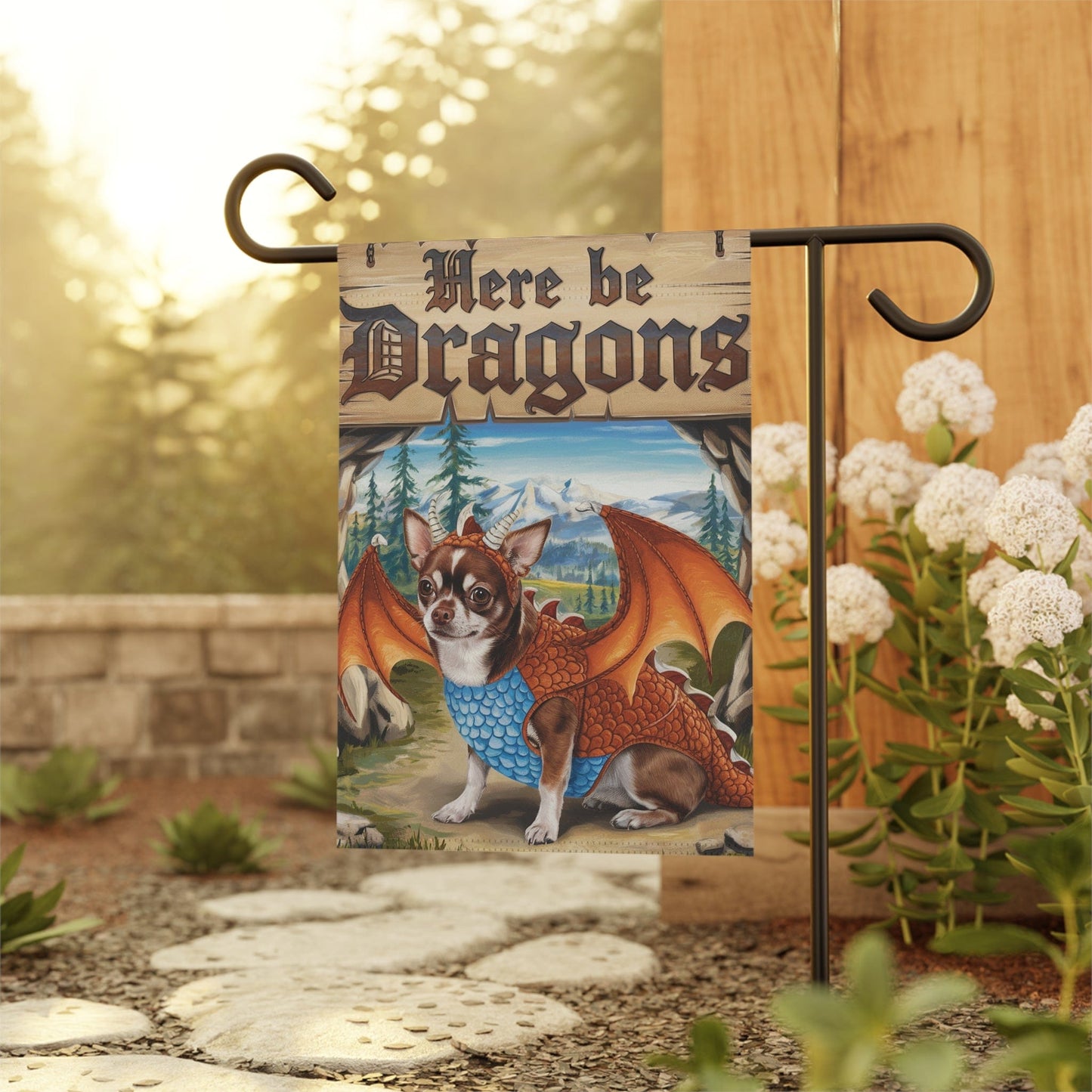 Printify Home Decor Brown Chihuahua Dog Dragon Garden Flag, Fantasy Pet Yard Spring Decor, Housewarming Gardener Gift, Halloween