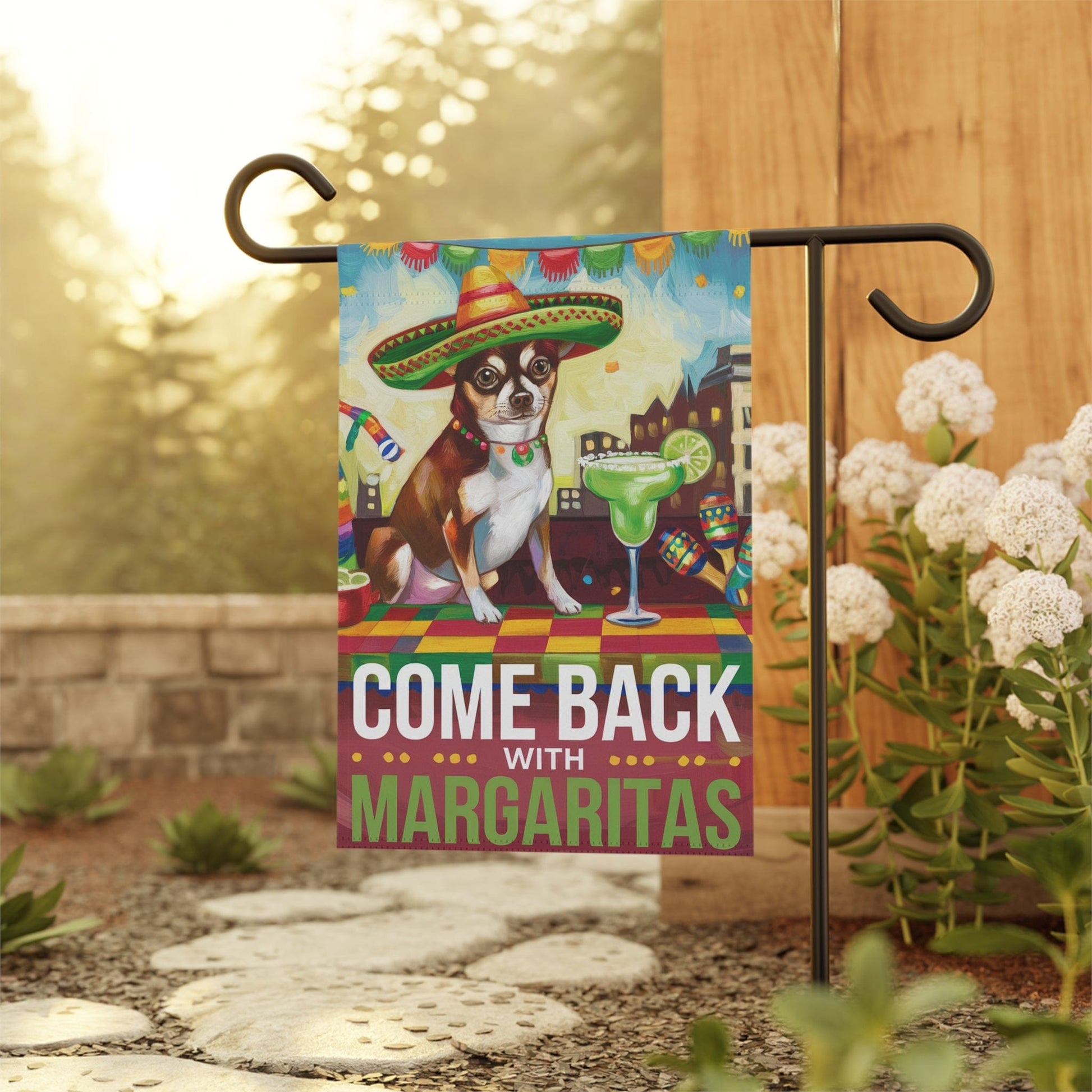Printify Home Decor Brown Chihuahua Dog Garden Flag, Cinco de Mayo Fiesta, Margarita Drinking Decor, Front Yard Decor, Gardener Gift