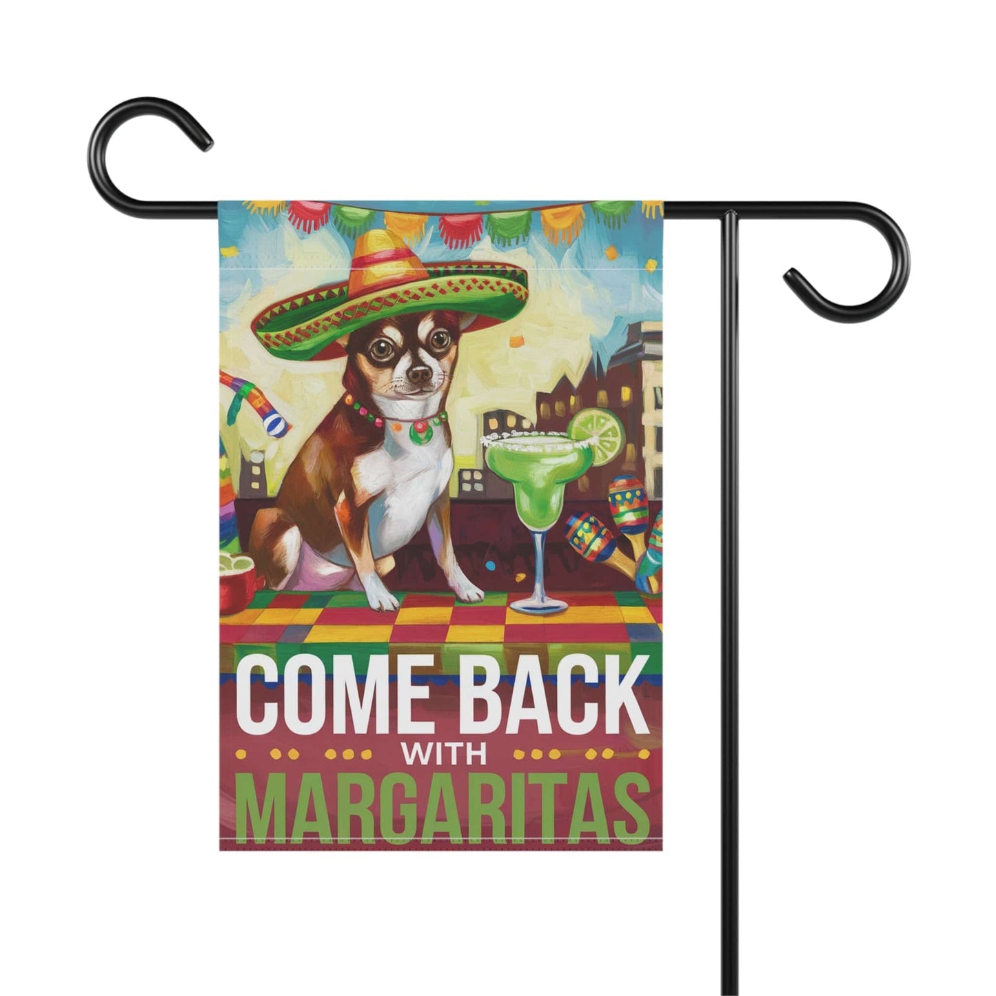 Printify Home Decor Brown Chihuahua Dog Garden Flag, Cinco de Mayo Fiesta, Margarita Drinking Decor, Front Yard Decor, Gardener Gift