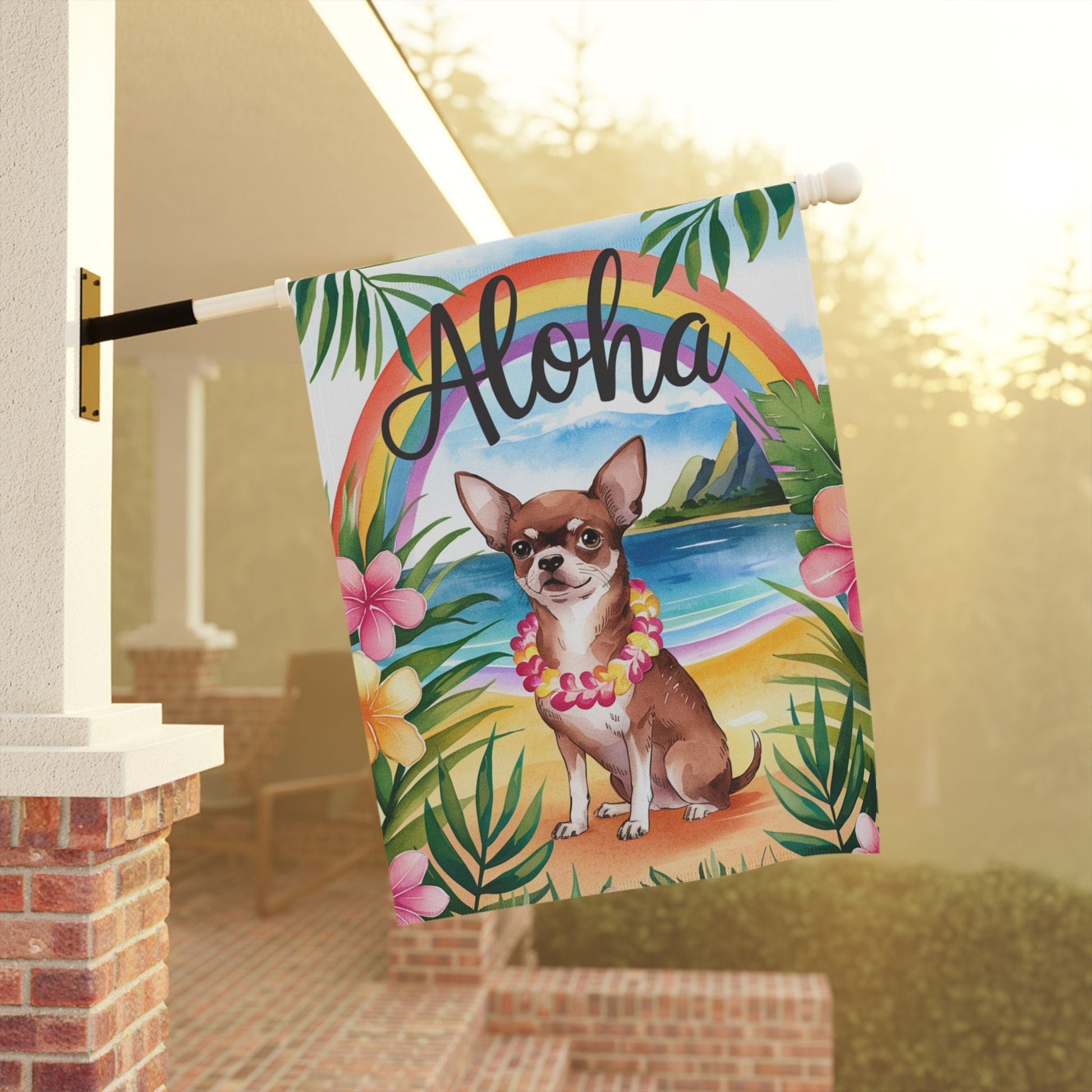 Printify Garden Flag Brown Chihuahua Hawaii Garden Flag