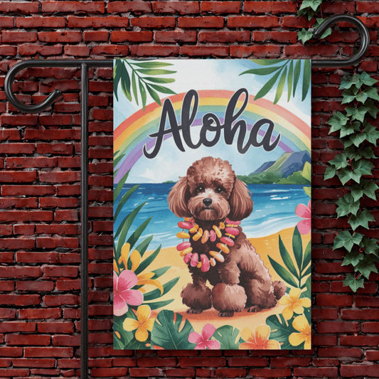 Printify Garden Flag 12'' × 18'' Brown Miniature Chocolate Poodle Aloha Garden Flag
