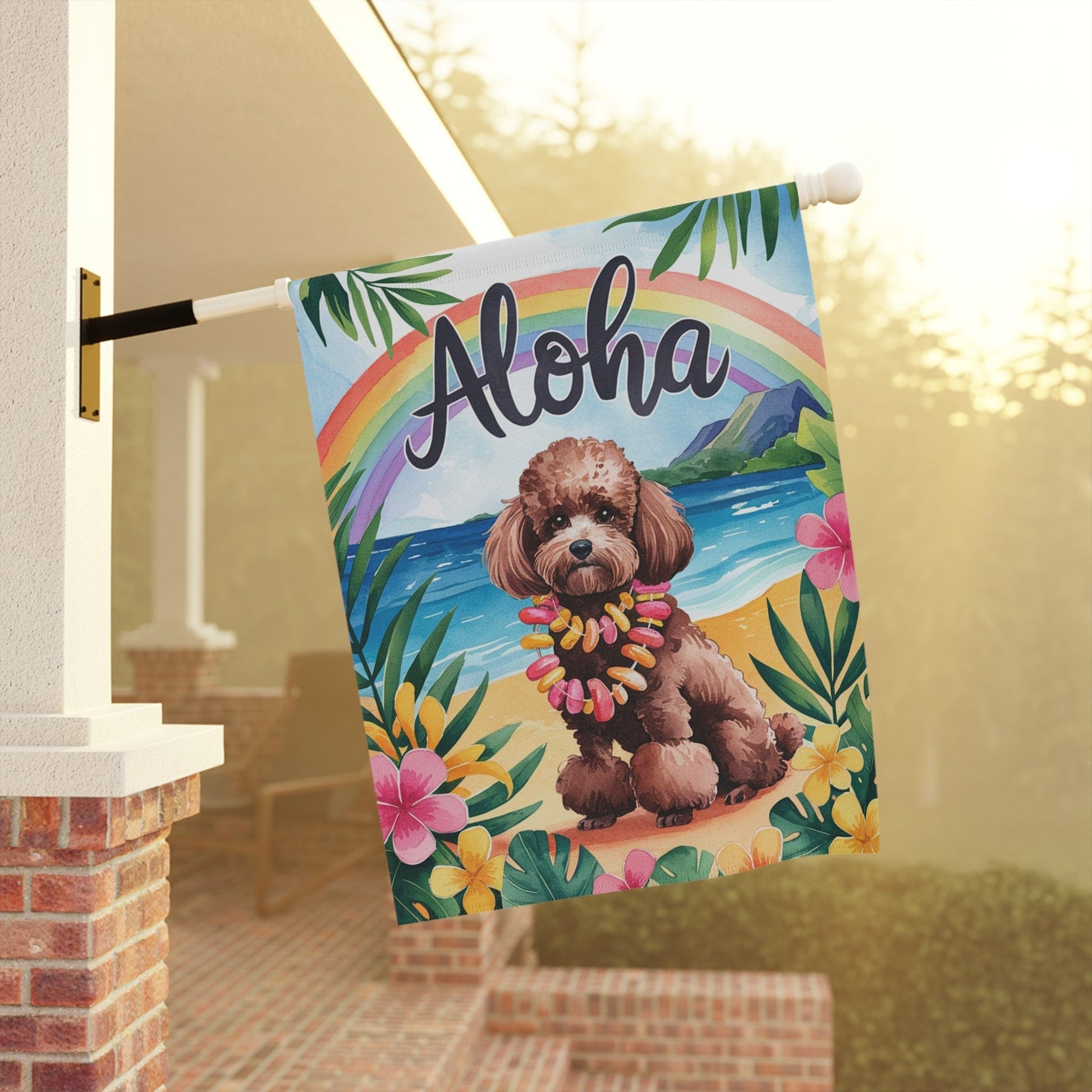 Printify Garden Flag Brown Miniature Chocolate Poodle Aloha Garden Flag