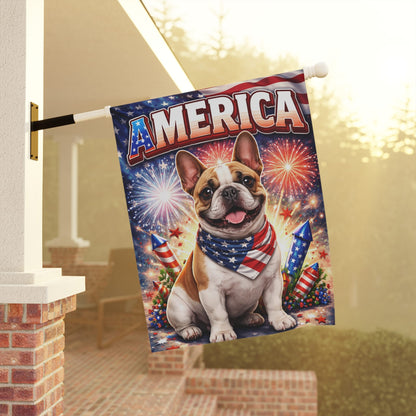 Brown Piebald Frenchie America Patriotism Garden Yard Flag