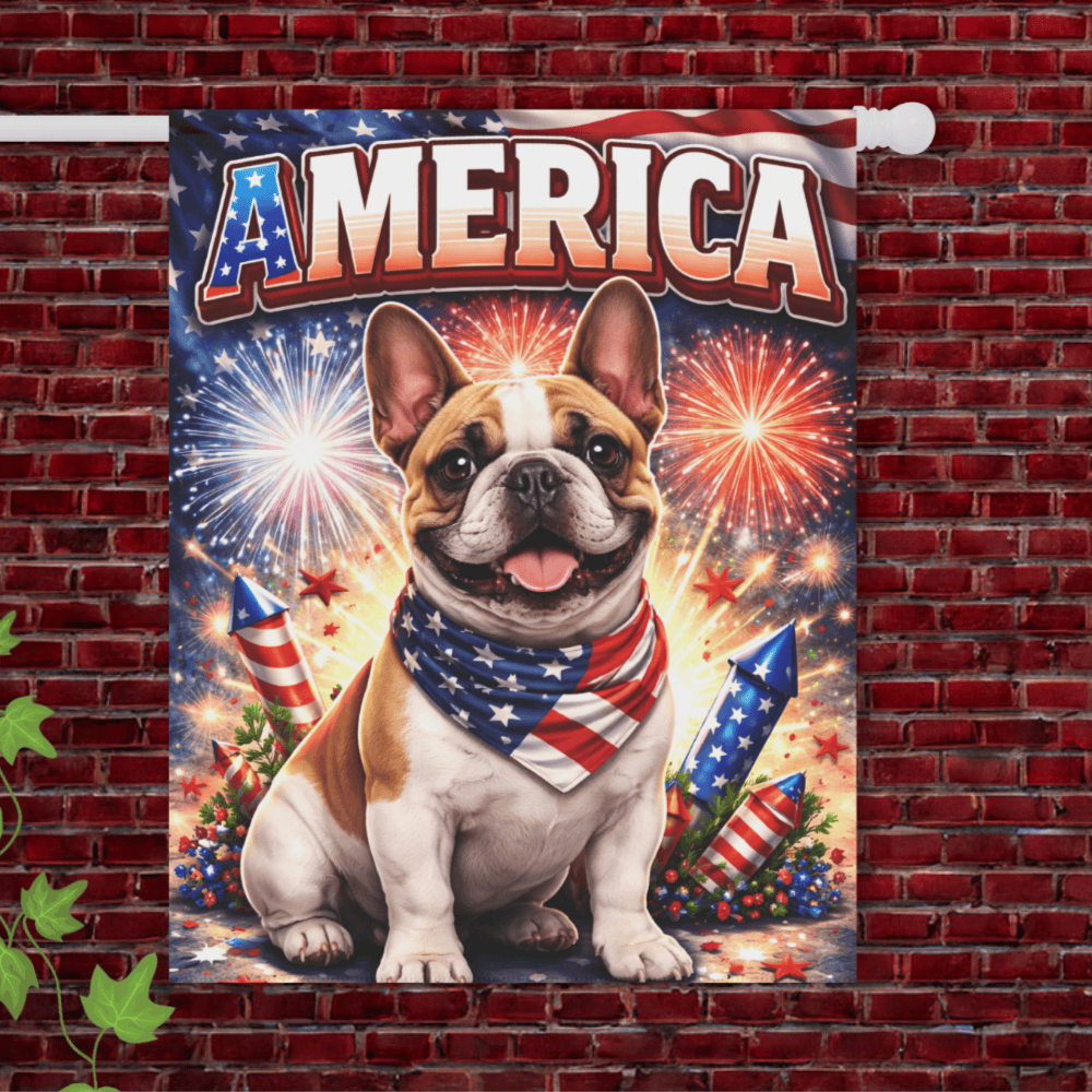 Brown Piebald Frenchie America Patriotism Garden Yard Flag 24.5'' × 32''