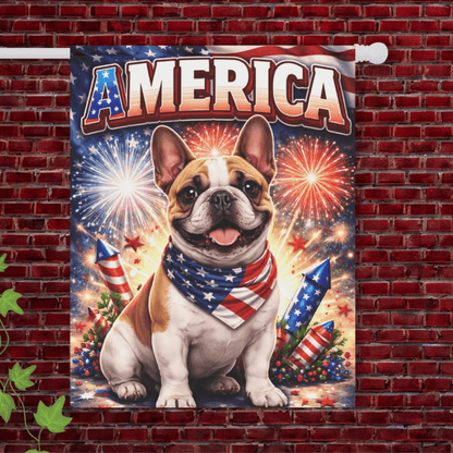 Brown Piebald Frenchie America Patriotism Garden Yard Flag 24.5'' × 32''