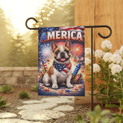 Brown Piebald Frenchie America Patriotism Garden Yard Flag