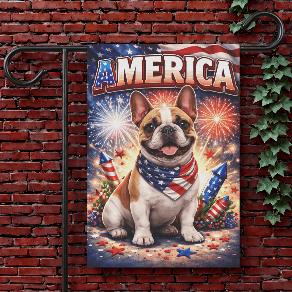 Brown Piebald Frenchie America Patriotism Garden Yard Flag 12'' × 18''