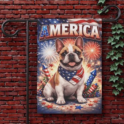 Brown Piebald Frenchie America Patriotism Garden Yard Flag 12'' × 18''