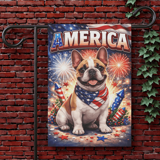 Brown Piebald Frenchie America Patriotism Garden Yard Flag 12'' × 18''