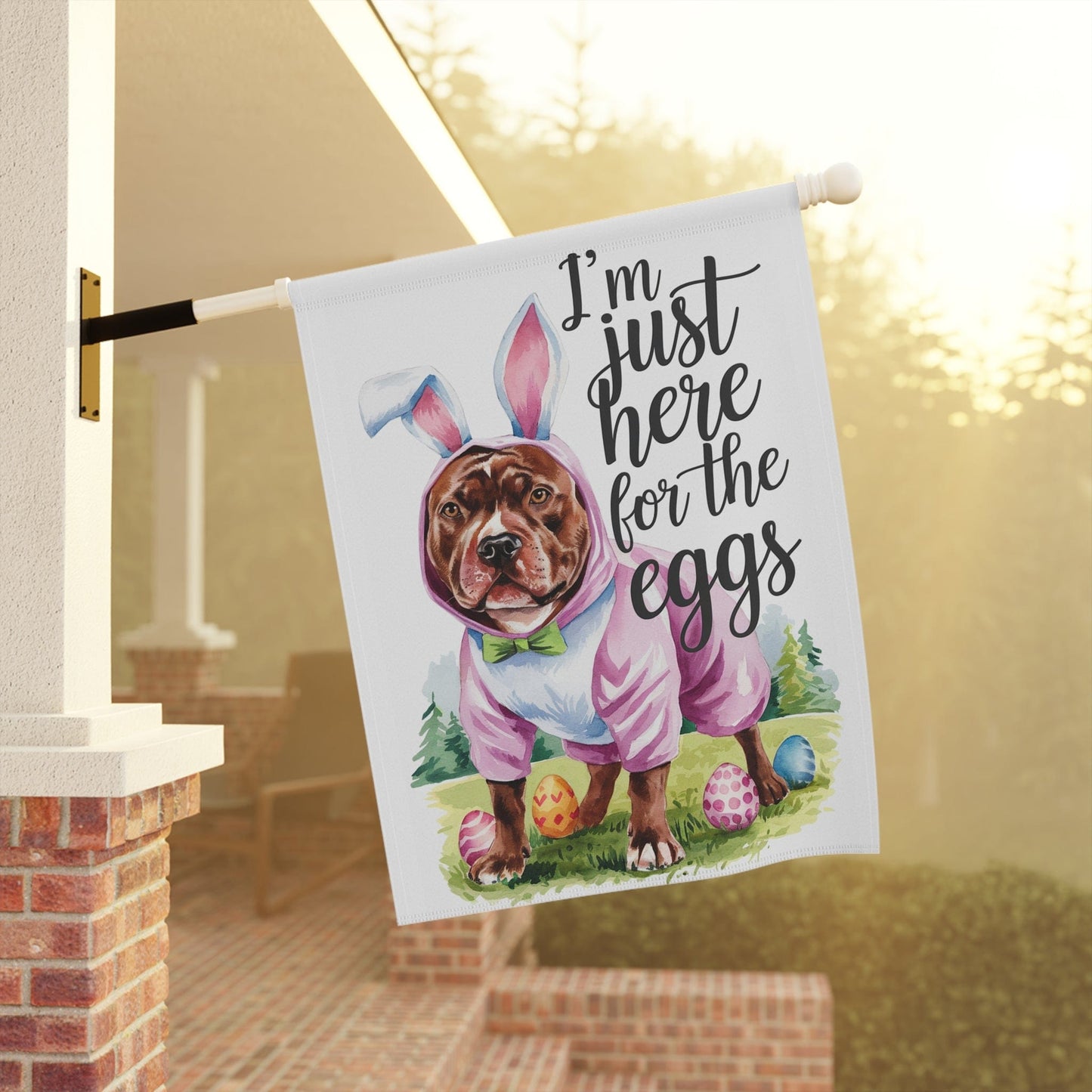 Printify Home Decor Brown Pit Bull Easter Garden Flag, Spring Scene Front Yard Decor, Gardener Housewarming Gift