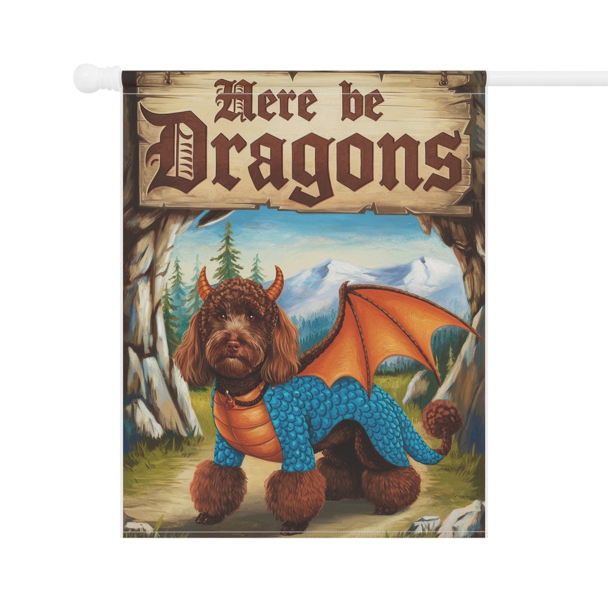 Printify Home Decor Brown Poodle Dog Dragon Garden Flag, Fantasy Pet, Yard Spring Decor, Housewarming Halloween