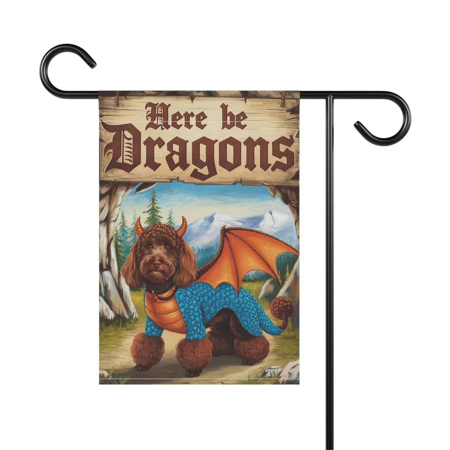 Printify Home Decor Brown Poodle Dog Dragon Garden Flag, Fantasy Pet, Yard Spring Decor, Housewarming Halloween